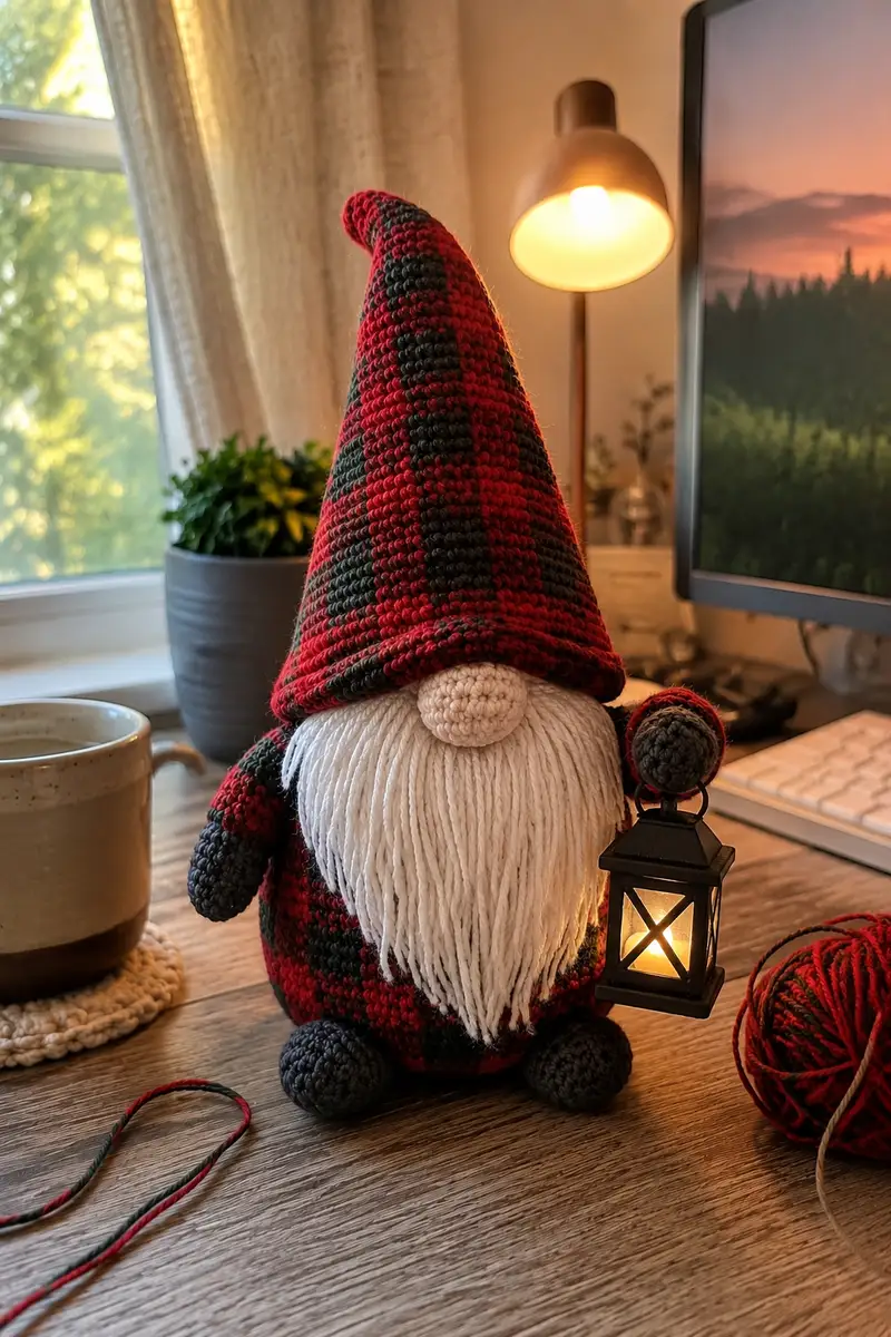 Big Plaid Christmas Gnome Holding a Tiny Lantern Amigurumi Pattern crochet pattern - detailed view of completed project