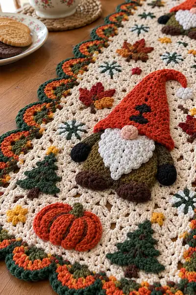 Autumn Gnome Table Runner Pattern step 2 - assembly progress