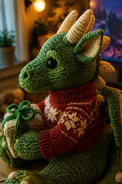 Big Cozy Christmas Dragon in a Knitted Sweater Holding a Gift Amigurumi Pattern step 2 - assembly progress