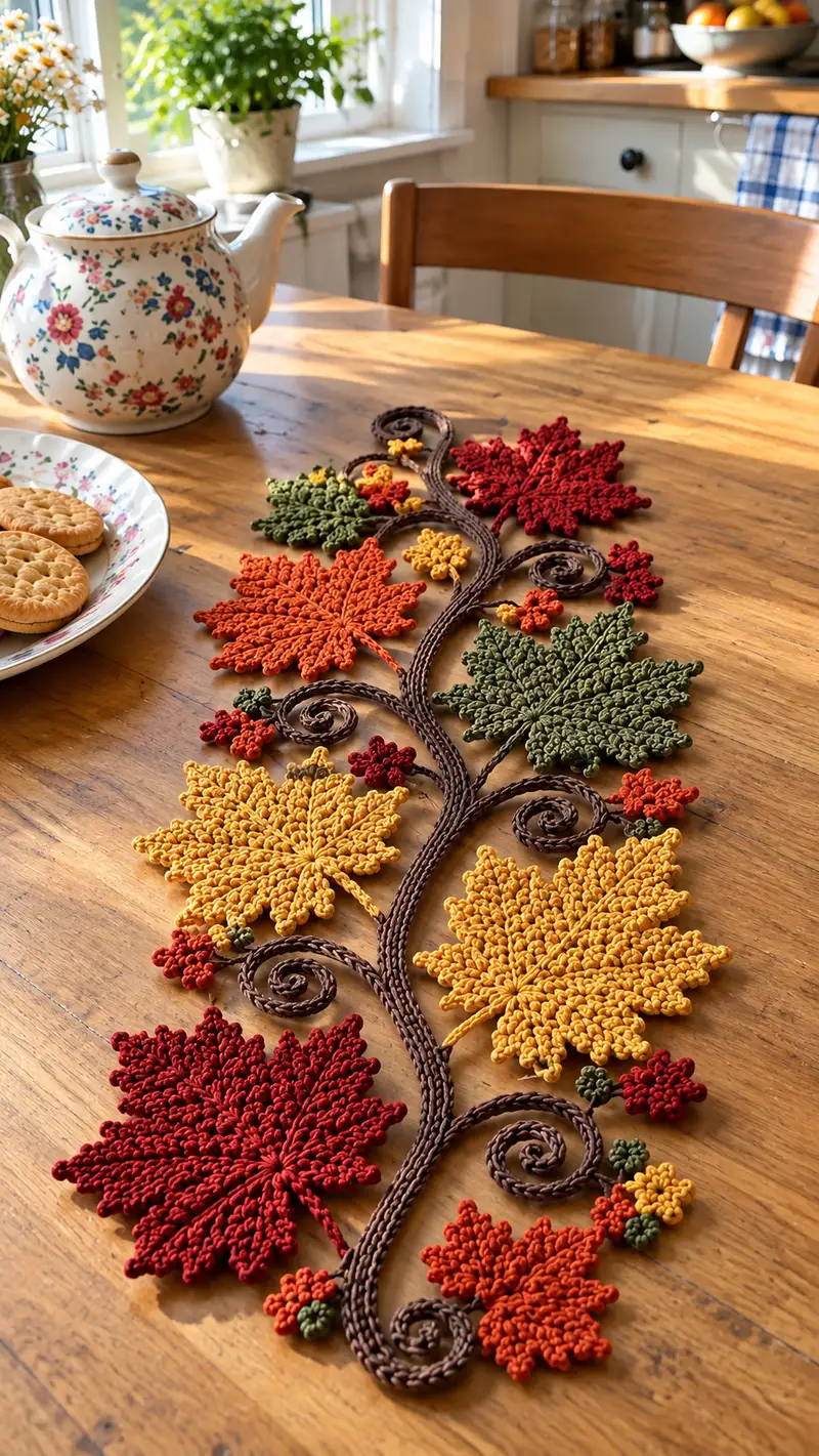 Autumn Maple Leaf Table Runner Pattern crochet pattern - detailed view of completed project