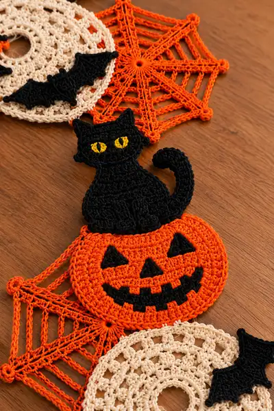 Halloween Cat on Pumpkin Table Runner Pattern step 2 - assembly progress