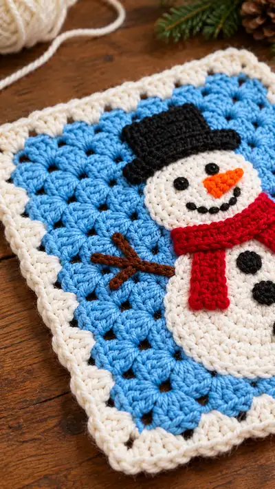 Festive Snowman Granny Square Pattern step 2 - assembly progress