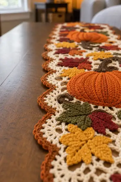 Fancy Pumpkin and Autumn Leaf Halloween Table Runner Pattern step 2 - assembly progress