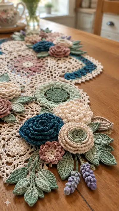 Vintage Floral Lace Table Runner Pattern step 2 - assembly progress
