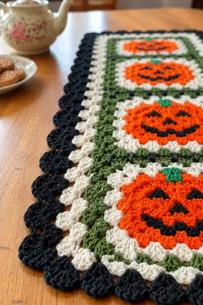 Jack O'Lantern Granny Square Table Runner Pattern step 2 - assembly progress