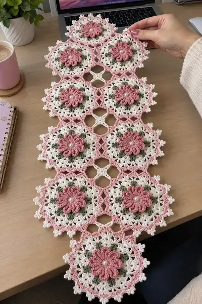 Pink Floral Hexagon Table Runner Pattern step 1 - construction progress