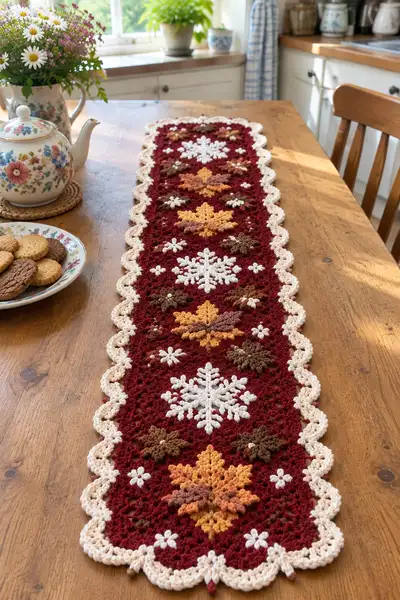 Autumn Leaves & Snowflake Table Runner Pattern step 1 - construction progress
