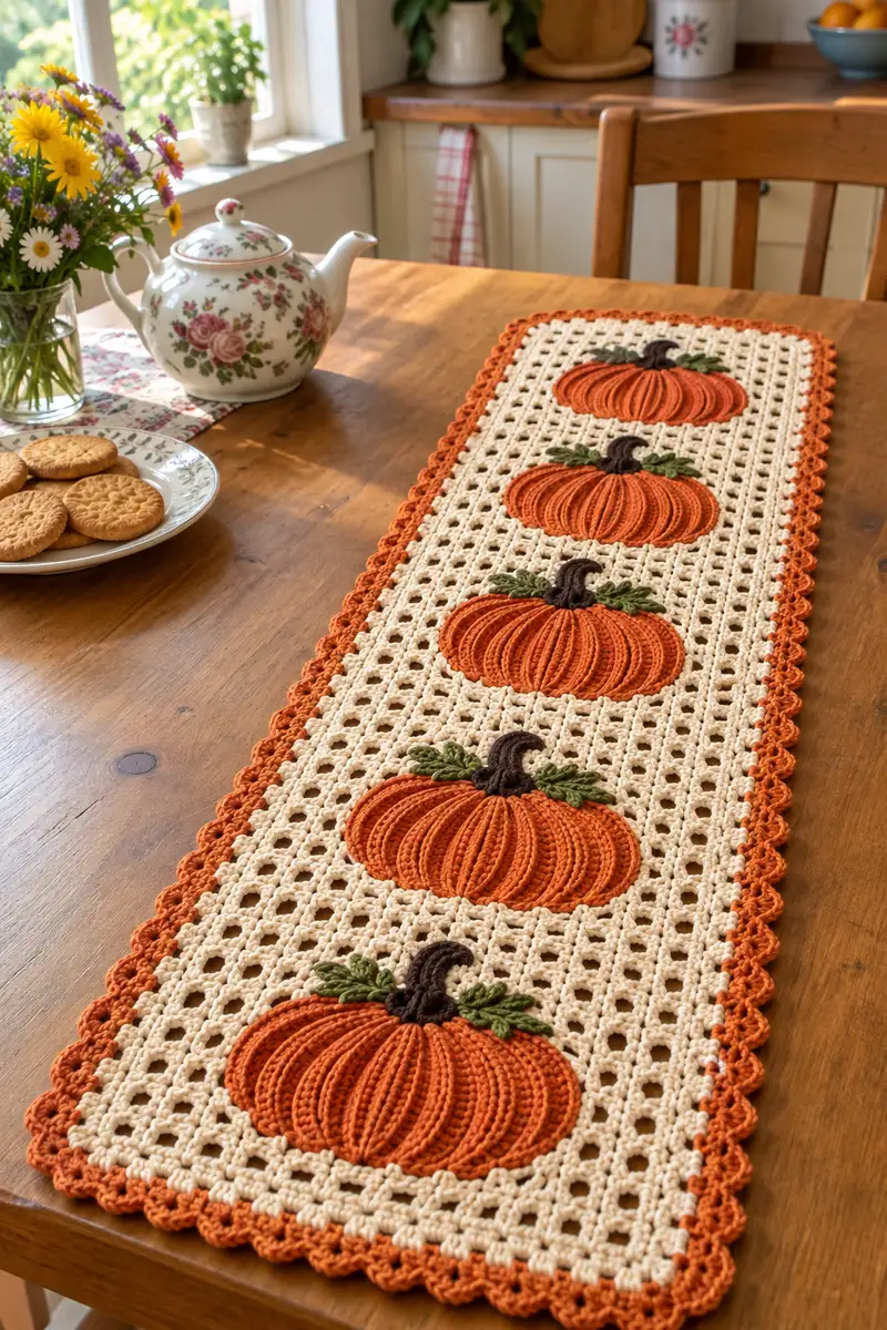 Pumpkin Patch Table Runner Pattern crochet pattern - detailed view of completed project