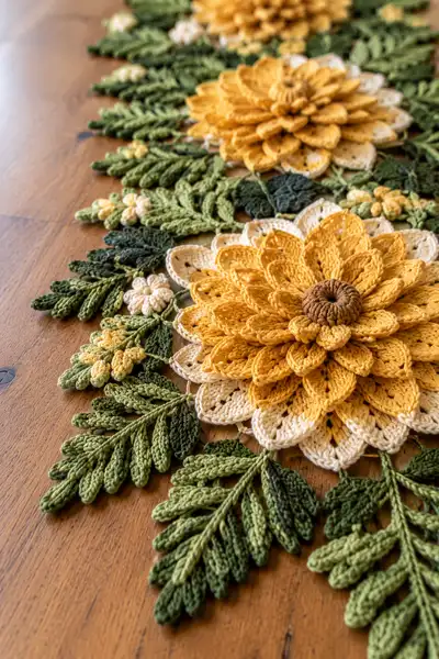 Golden Dahlia and Fern Detached Motif Table Runner Pattern step 2 - assembly progress