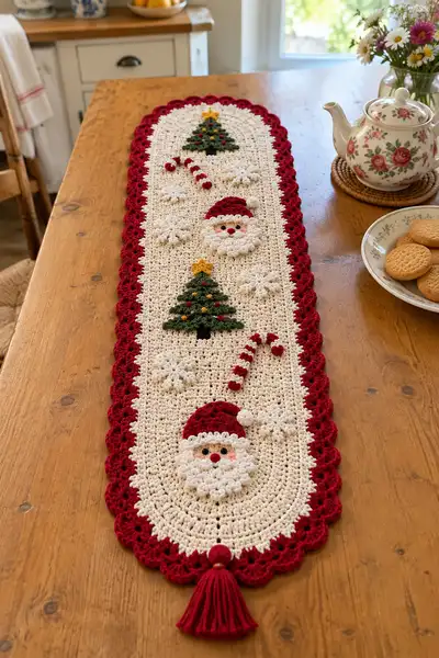 Holiday Table Runner with Santa Faces & Trees Pattern step 1 - construction progress