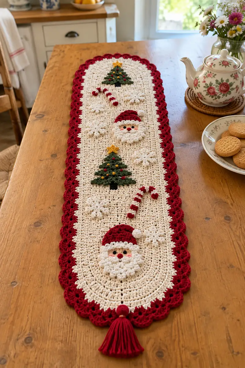 Holiday Table Runner with Santa Faces & Trees Pattern crochet pattern - detailed view of completed project