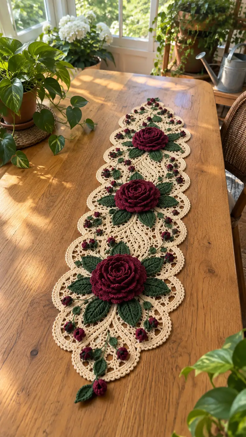 Vintage Rose Lace Table Runner Pattern crochet pattern - detailed view of completed project