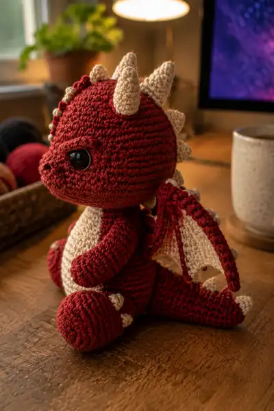 Small Scowling Devil Dragon with Stubby Wings Amigurumi Pattern step 2 - assembly progress