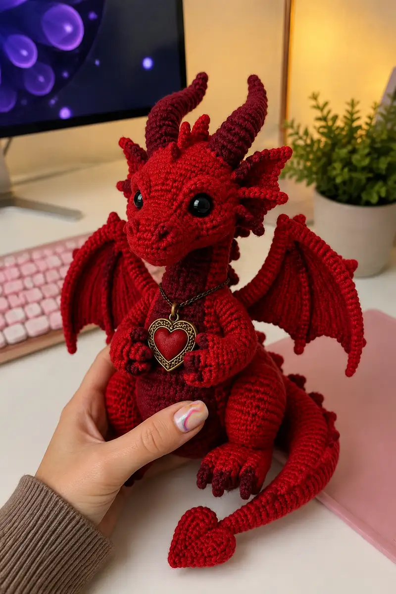 Free crochet pattern: Big Scarlet Romance Dragon with a Heart Locket Amigurumi Pattern - Advanced level tutorial