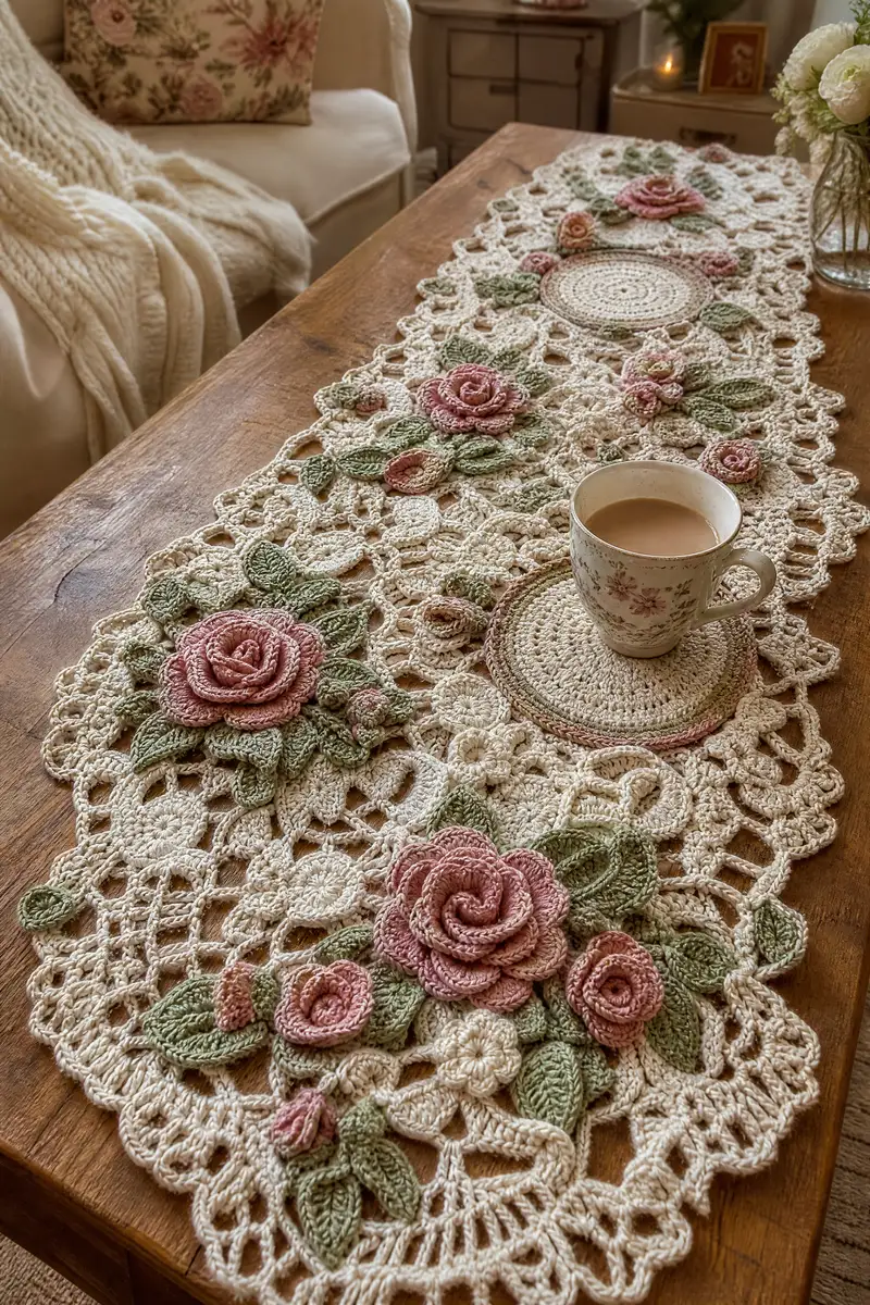 Vintage Rose Lace Table Runner Pattern crochet pattern - detailed view of completed project