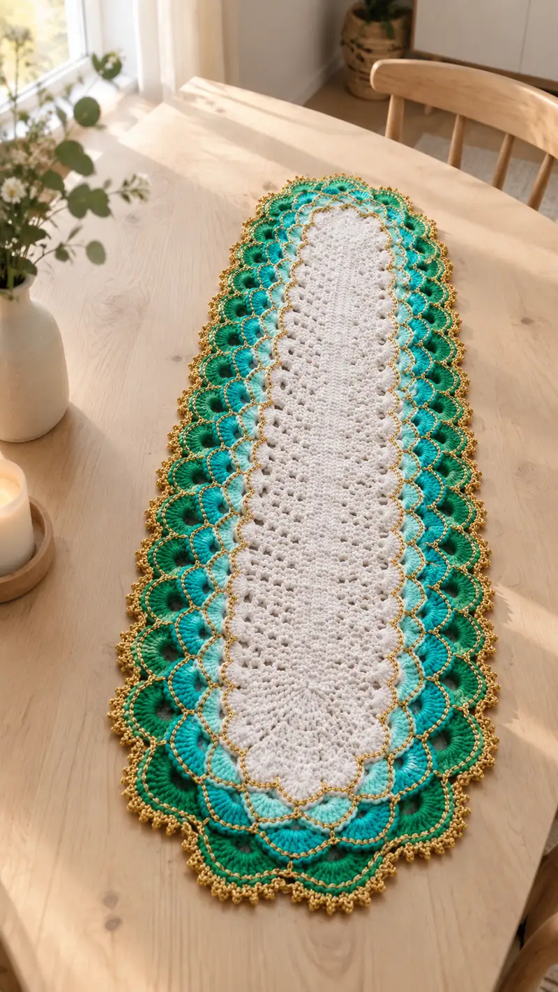 Elegant Green Scallop Table Runner Pattern crochet pattern - detailed view of completed project