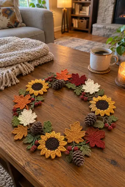 Autumn Wreath Ring Crochet Table Centerpiece Pattern step 1 - construction progress