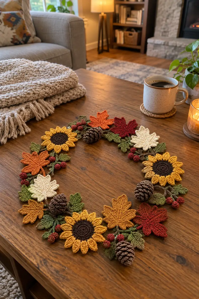 Autumn Wreath Ring Crochet Table Centerpiece Pattern crochet pattern - detailed view of completed project