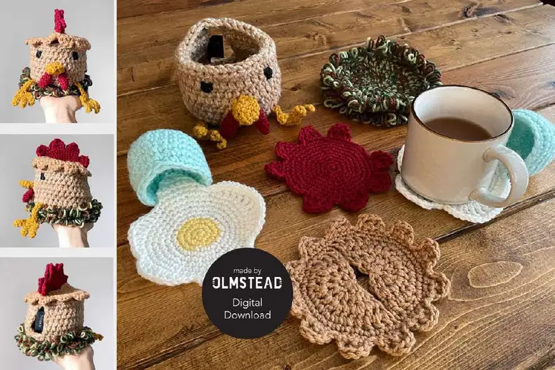 Free crochet pattern: Hennifer Chicken Crochet Coaster Set Pattern - Intermediate level tutorial
