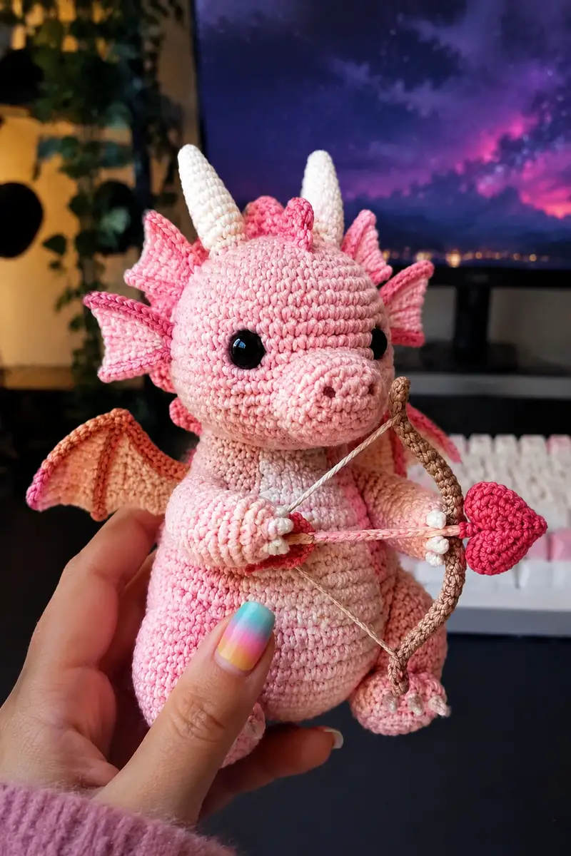 Big Cupid Dragon with Tiny Wings and a Heart Arrow Amigurumi Pattern crochet pattern - detailed view of completed project
