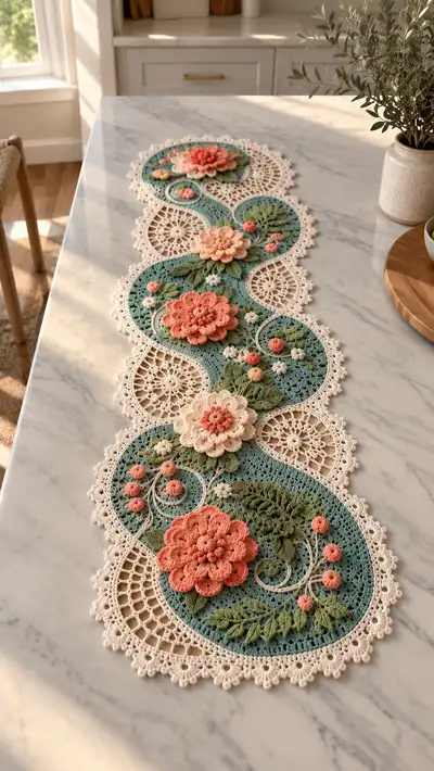 Crochet Floral Table Runner Pattern step 1 - construction progress