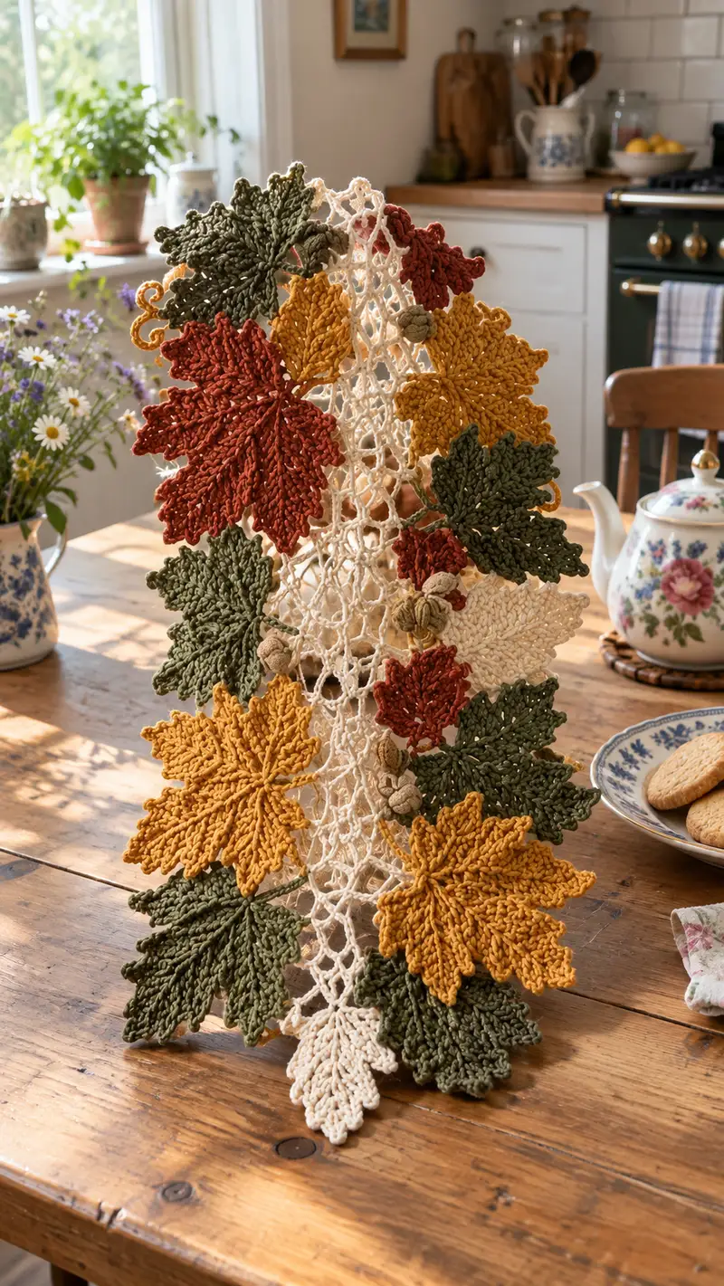 Autumn Leaves Table Runner Pattern crochet pattern - detailed view of completed project