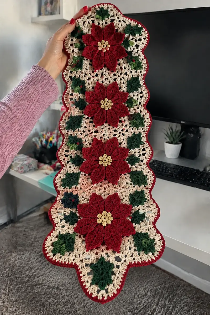 Christmas Poinsettia and Holly Table Runner Pattern crochet pattern - detailed view of completed project