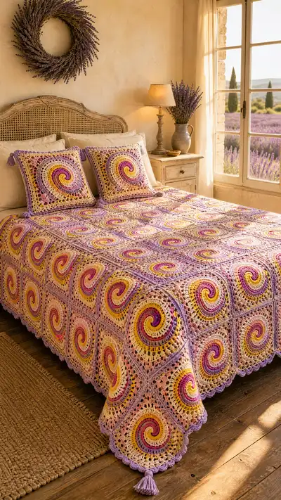 Sunburst Spiral Granny Square Bedspread Pattern step 1 - construction progress