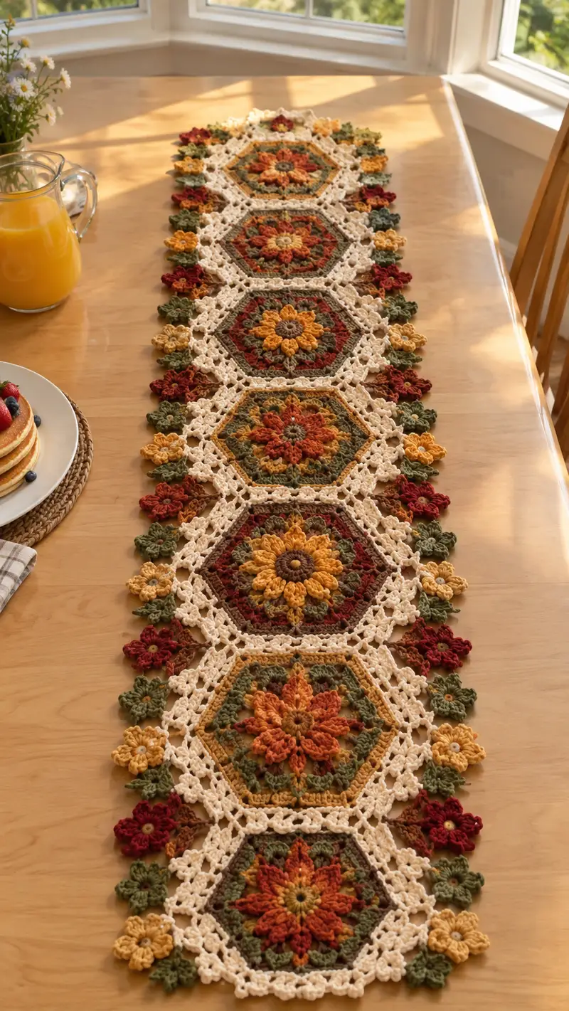 Rust Mustard Olive Hexagon Flower Table Runner Pattern crochet pattern - detailed view of completed project