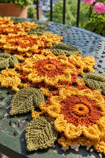 Joined Flower and Leaf Motif Autumn Table Runner in Amber Pattern step 2 - assembly progress