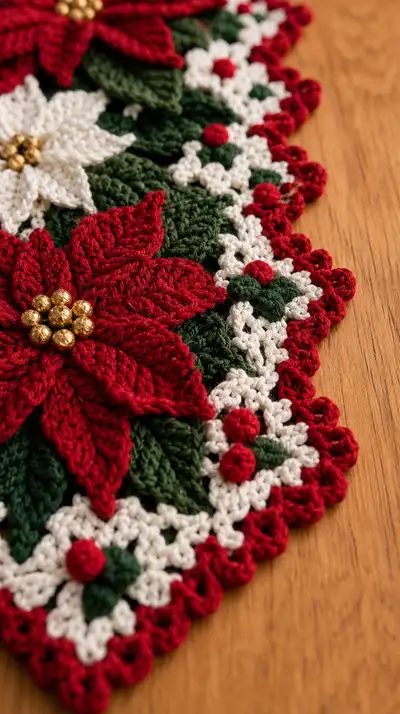 Poinsettia Holiday Table Runner Pattern step 2 - assembly progress