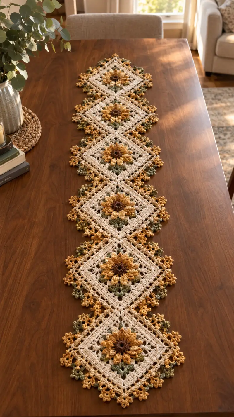 Golden Sunflower And Cream Lace Table Runner Pattern crochet pattern - detailed view of completed project
