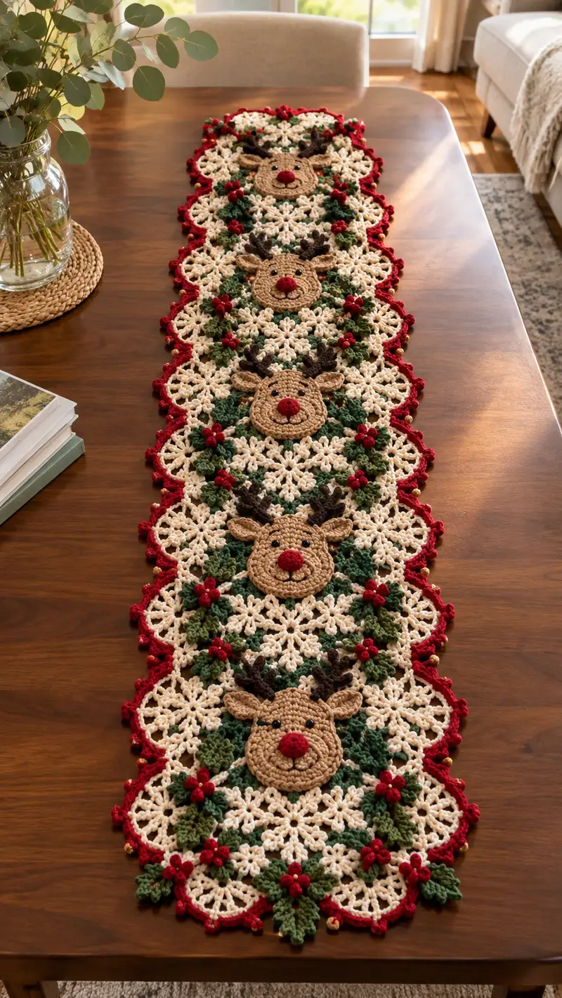 Cream Red Reindeer Holly Table Runner Pattern crochet pattern - detailed view of completed project