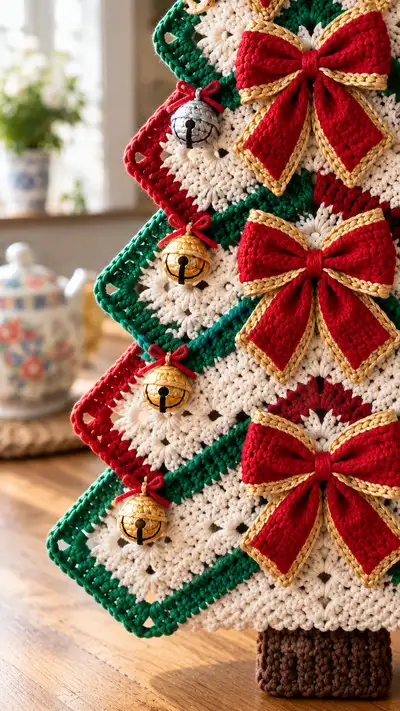 Granny Square Christmas Tree Wall Hanging Pattern step 2 - assembly progress
