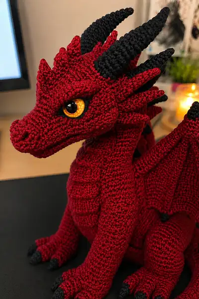 Giant Blood Red Halloween Dragon with Fierce Eyes Amigurumi Pattern step 2 - assembly progress