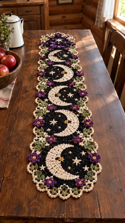 Cream Crescent Moon And Purple Flower Table Runner Pattern step 1 - construction progress