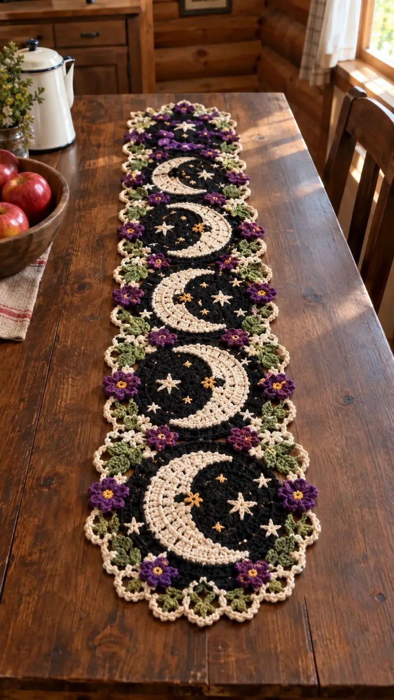 Cream Crescent Moon And Purple Flower Table Runner Pattern crochet pattern - detailed view of completed project