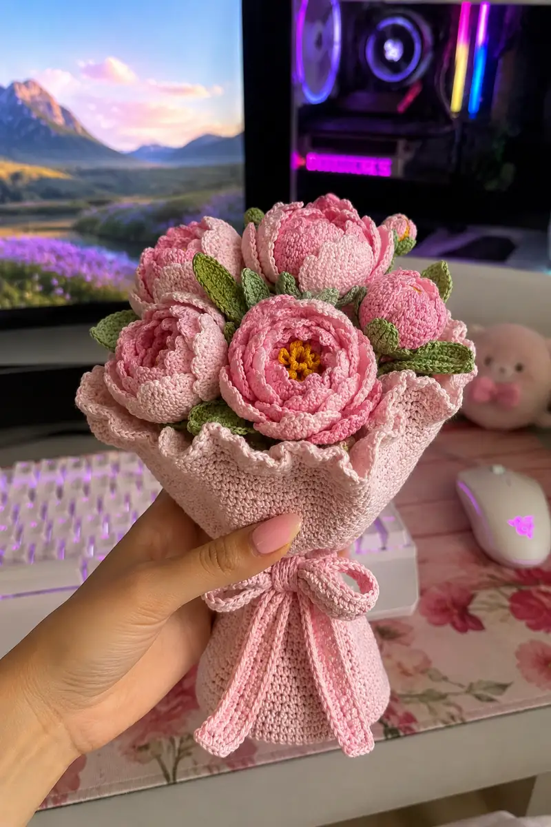 Pink Peony Crochet Bouquet Pattern crochet pattern - detailed view of completed project
