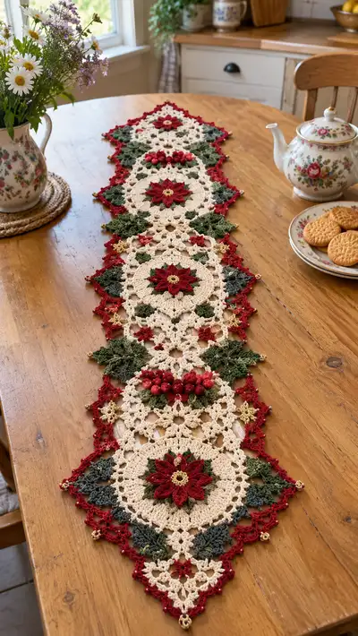 Festive Poinsettia Table Runner Pattern step 1 - construction progress