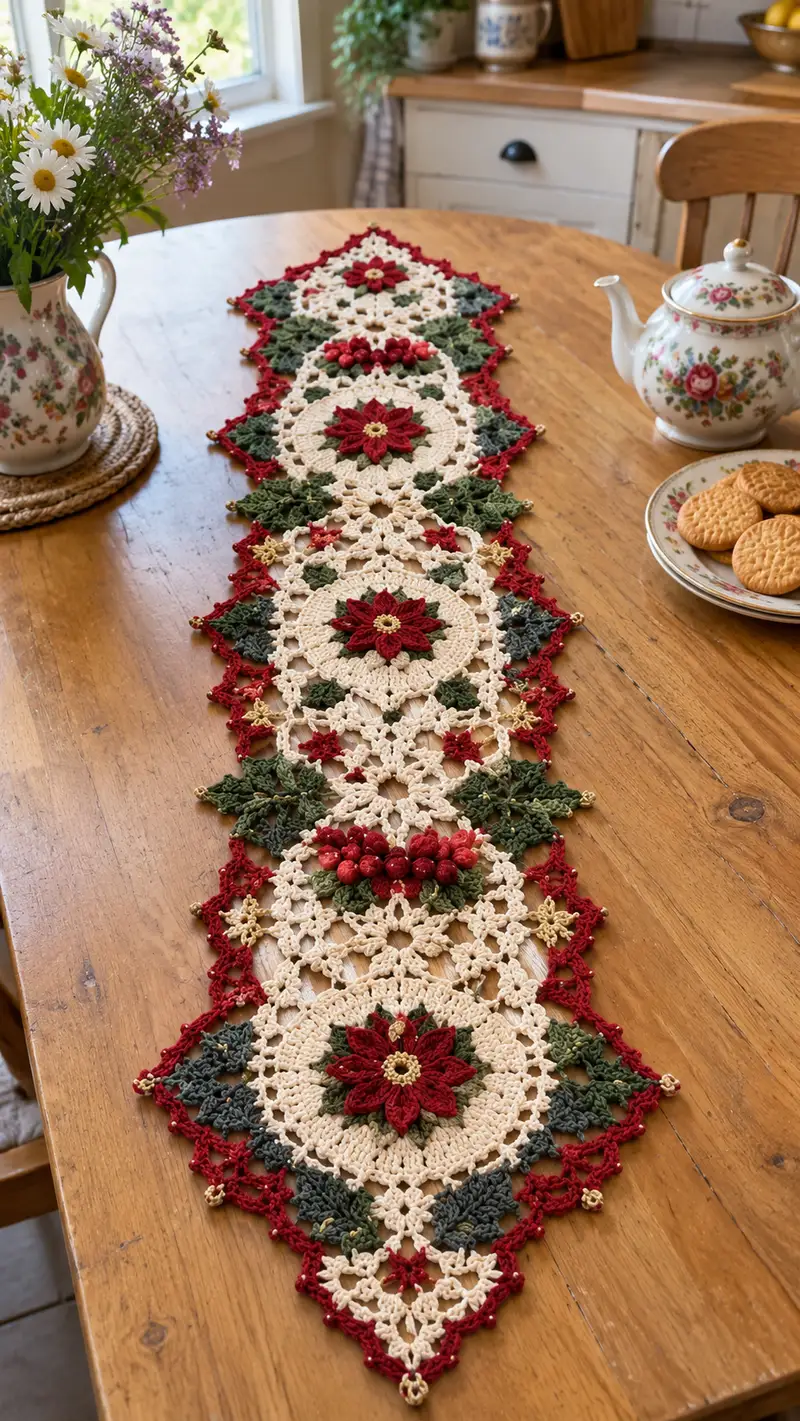 Festive Poinsettia Table Runner Pattern crochet pattern - detailed view of completed project