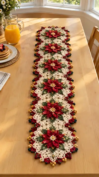 Red Poinsettia Cream Lace Table Runner Pattern step 1 - construction progress