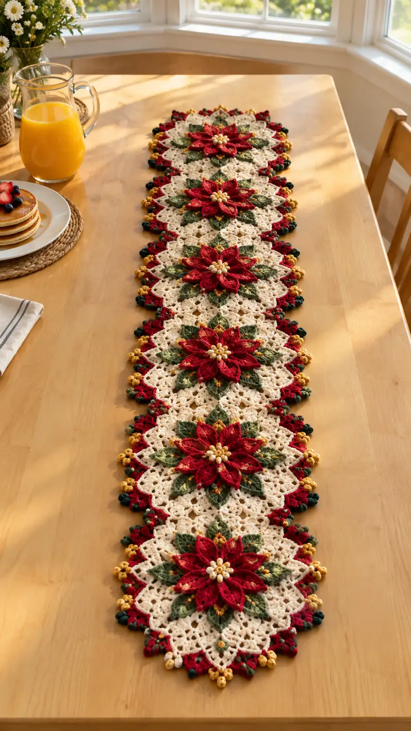 Red Poinsettia Cream Lace Table Runner Pattern crochet pattern - detailed view of completed project