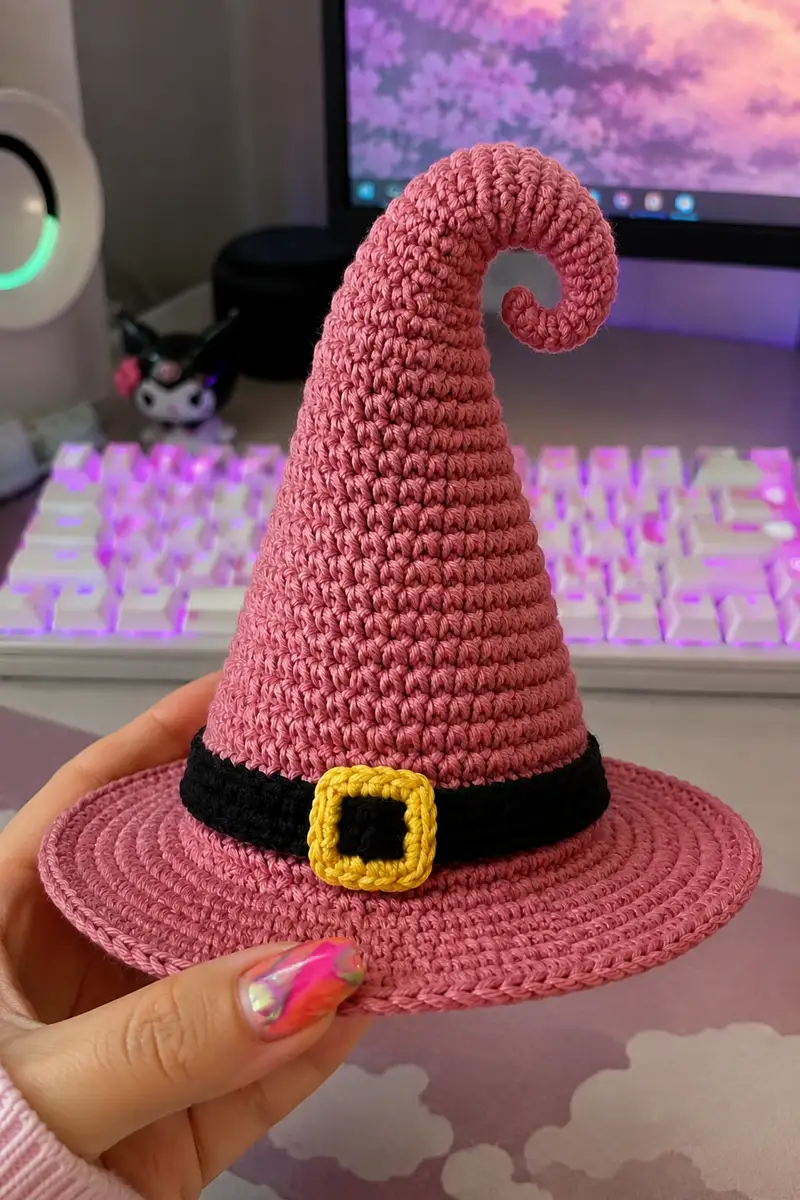 Big Pink Spiral Witch Hat Amigurumi Pattern crochet pattern - detailed view of completed project