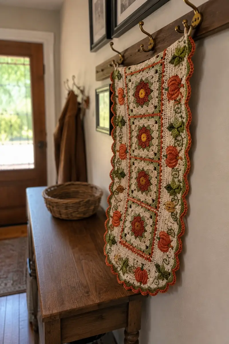 Autumn Granny Square Table Runner Pattern crochet pattern - detailed view of completed project