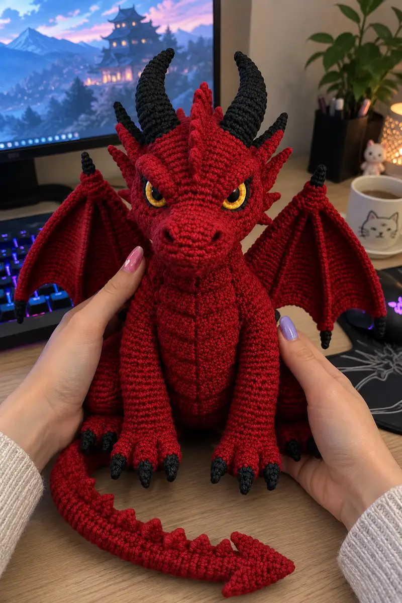 Scarlet Dragon Plush Amigurumi Pattern crochet pattern - detailed view of completed project