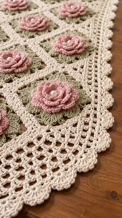 Vintage Rose Diamond Table Runner Pattern step 2 - assembly progress