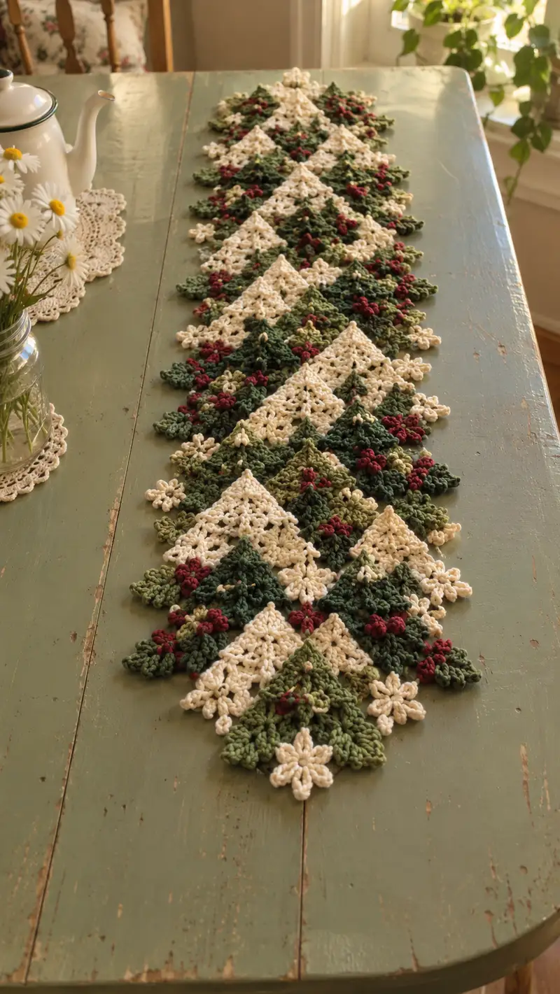 Cream And Forest Green Floral Triangle Table Runner Pattern crochet pattern - detailed view of completed project