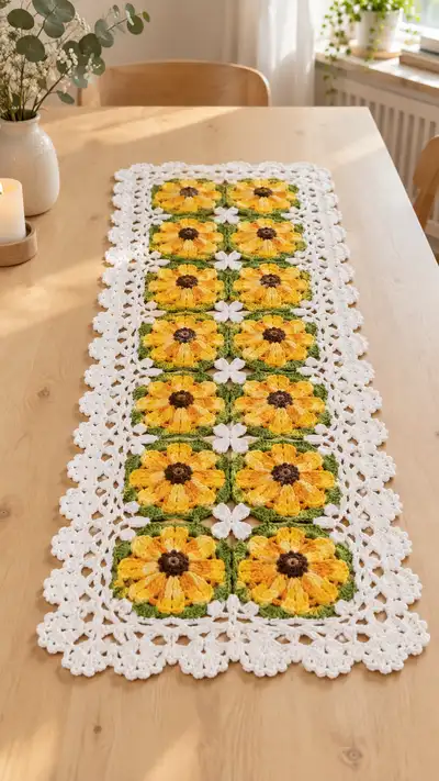 Sunflower Granny Square Table Runner Pattern step 1 - construction progress