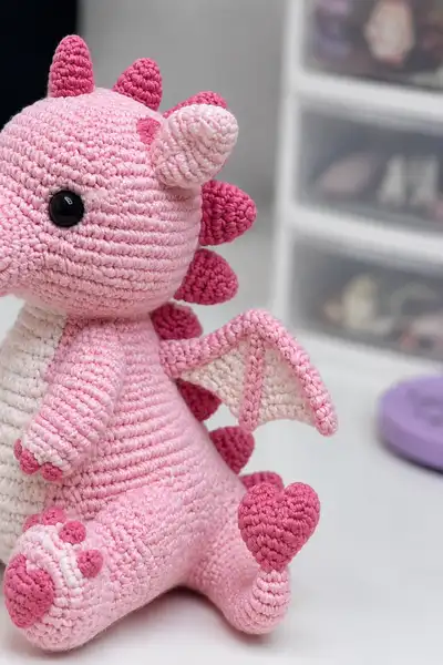 Big Blush Pink Love Dragon with Heart-Tipped Tail Amigurumi Pattern step 2 - assembly progress