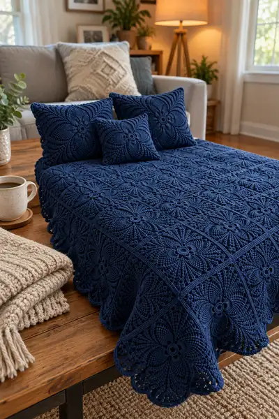 Navy Blue Floral Square Bedspread Pattern step 2 - assembly progress